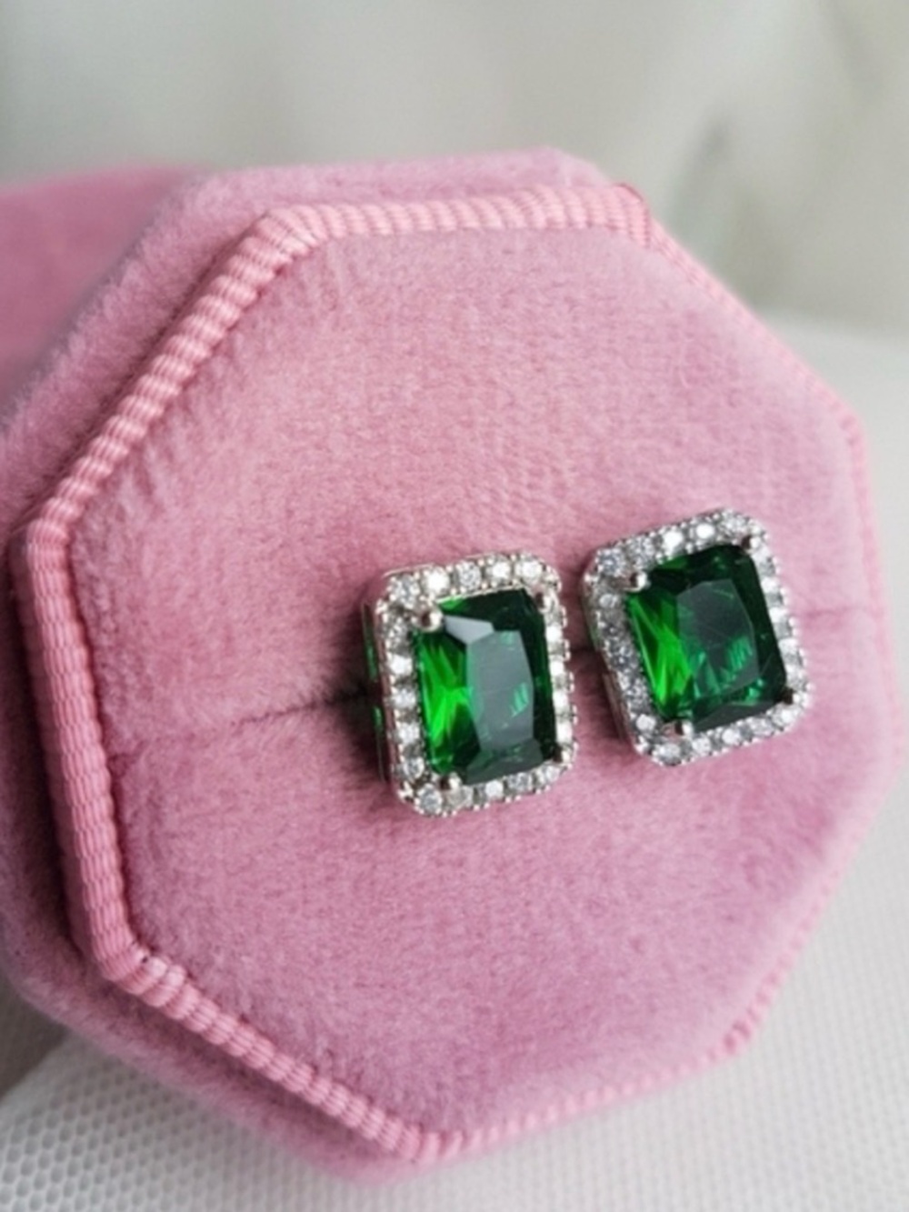 Swarovski Elements 925 Sterling Silver Emerald Green Rectangular Halo Earrings